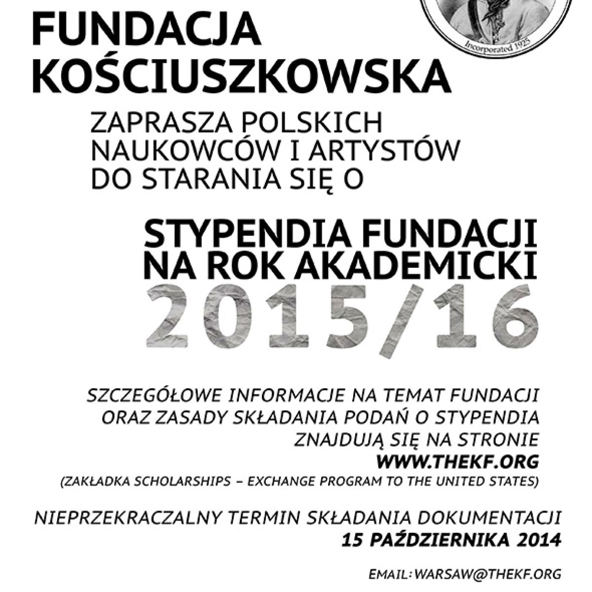 Stypendia Fundacji Kościuszkowskiej na rok 2015/2016 dla naukowców i artystów