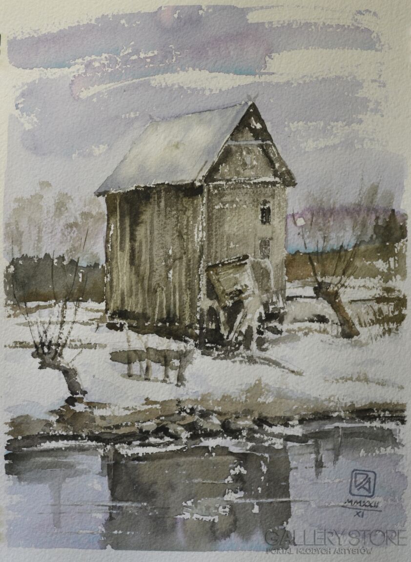 Agnieszka Długołęcka-Stary młyn II - zima-Akwarela