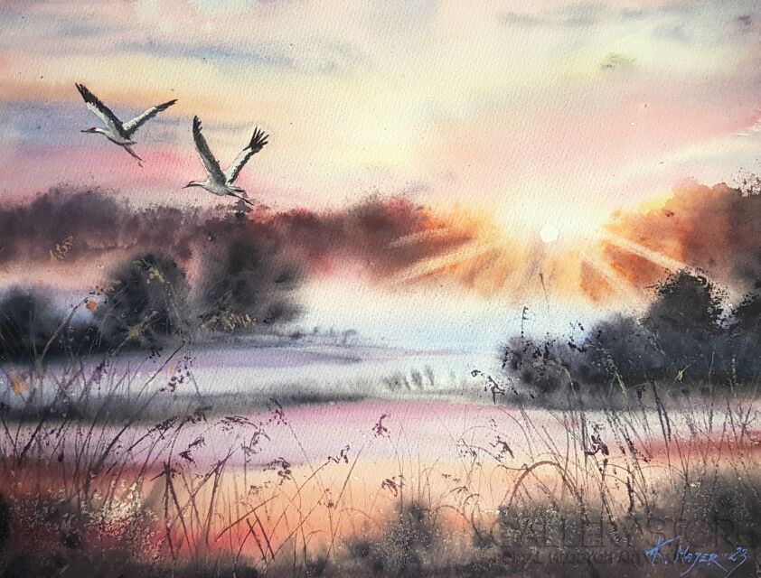 Karolina Majer-Żurawie i pastelowy świt-Akwarela