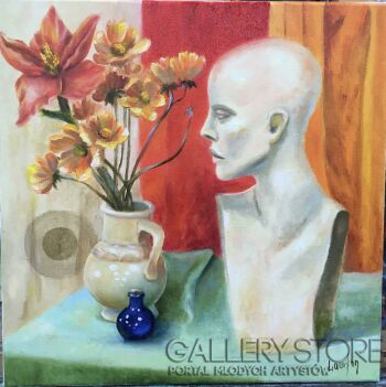 Anna Laurson-Still life with head and marigolds-Malarstwo