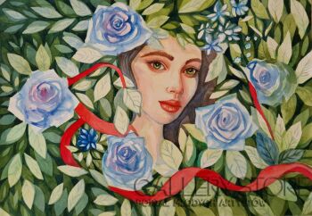 Danuta Kolis-Portret w niebieskich różach-Malarstwo