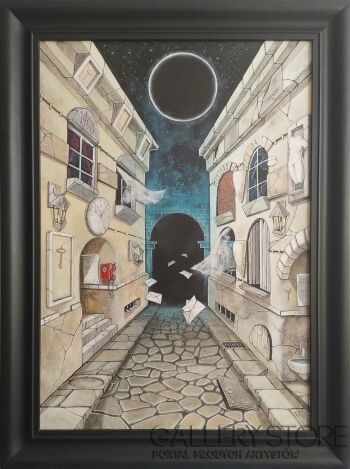 Dariusz Franciszek Różyc-''LOVECRAFT'S: BŁĘKITNA KAMIENICA'' cykl ''Uliczki''- akryl/płyta, oprawiony jak na zdjęciu-Akryl