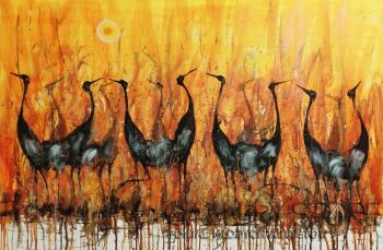 Dariusz Grajek-Biebrzański żurawie w słońcu...-Malarstwo