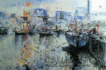 Dariusz Grajek-Słońce , port i łodzie....-Akryl