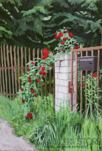 Ewa Gozdecka-Róże przed opuszczonym domem-Akryl