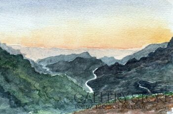 Ewa Suchy-Zachód słońca w górach Gran Canarii-Akwarela