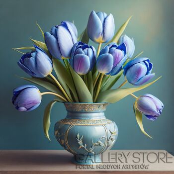 Katarzyna Dziemidowicz-Bukiet niebieskich tulipanów w wazonie / płótno-Grafika