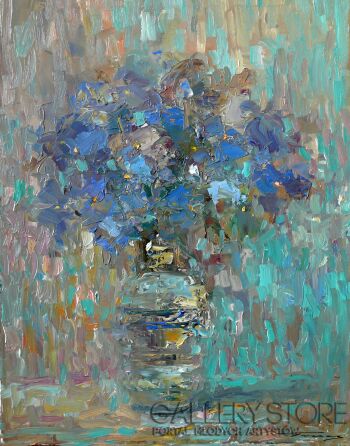 Krzysztof Tracz-Niebieski kwiaty w wazonie-Olej