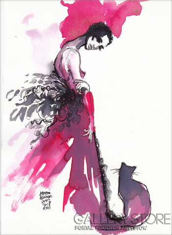 Michał Szumiński-Sensual Lady & wild cat-Akwarela