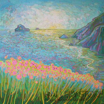 Monika Siwiec-Pink flowers by the sea -Olej