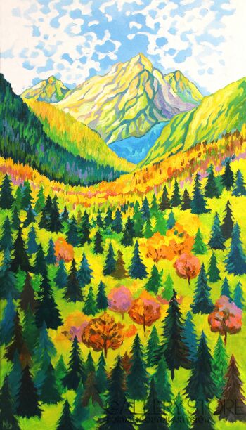 Monika Siwiec-Świerkowy las u podnóża gór -Malarstwo