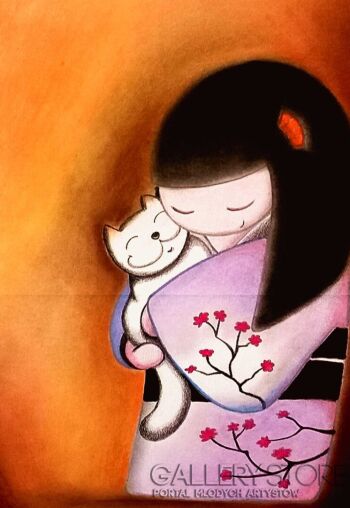 Patrycja Kuczyk-Kokeshi z kotkiem-Rysunek