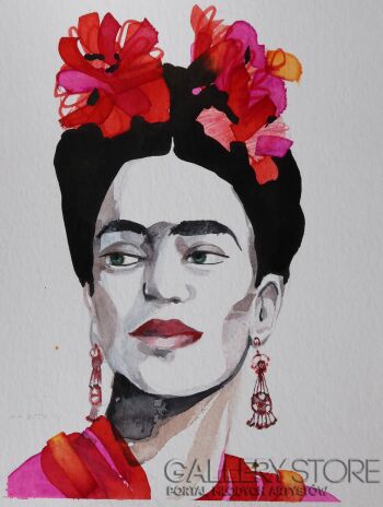 Paweł Dąbrowski-Frida w czerwonych kwiatach.-Akwarela