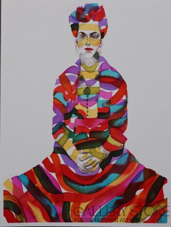 Paweł Dąbrowski-Frida w sukni z ciepłych barw.-Akwarela