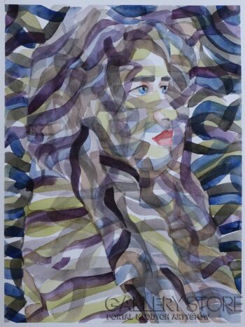 Paweł Dąbrowski-„Portret kobiety z fioletowymi włosami rozwianymi na wietrze”-Malarstwo