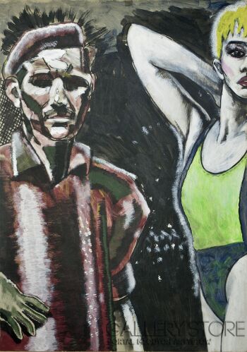 Piotr Kłosowicz-Młody Himilsbach w légerowsko socrealistycznym rynsztunku i progresywna diva basenów pływackich. -Akryl