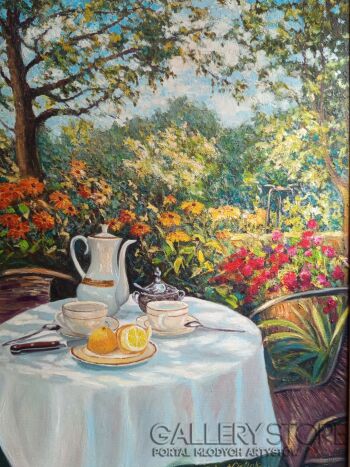 Robert Cieślak-Krajobraz ogrodowy z martwą naturą-Malarstwo