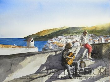 Tomasz Olszewski-Katalońskie klimaty I - Cadaques - grajek uliczny-Malarstwo