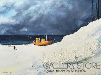 Tomasz Olszewski-Spacer zimową plażą-Malarstwo