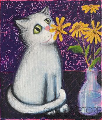 Urszula Cecylia Michalska-Biały kot z kwiatami-Malarstwo