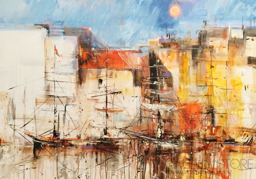 Dariusz Grajek-Słońce, port i łodzie.....-Malarstwo