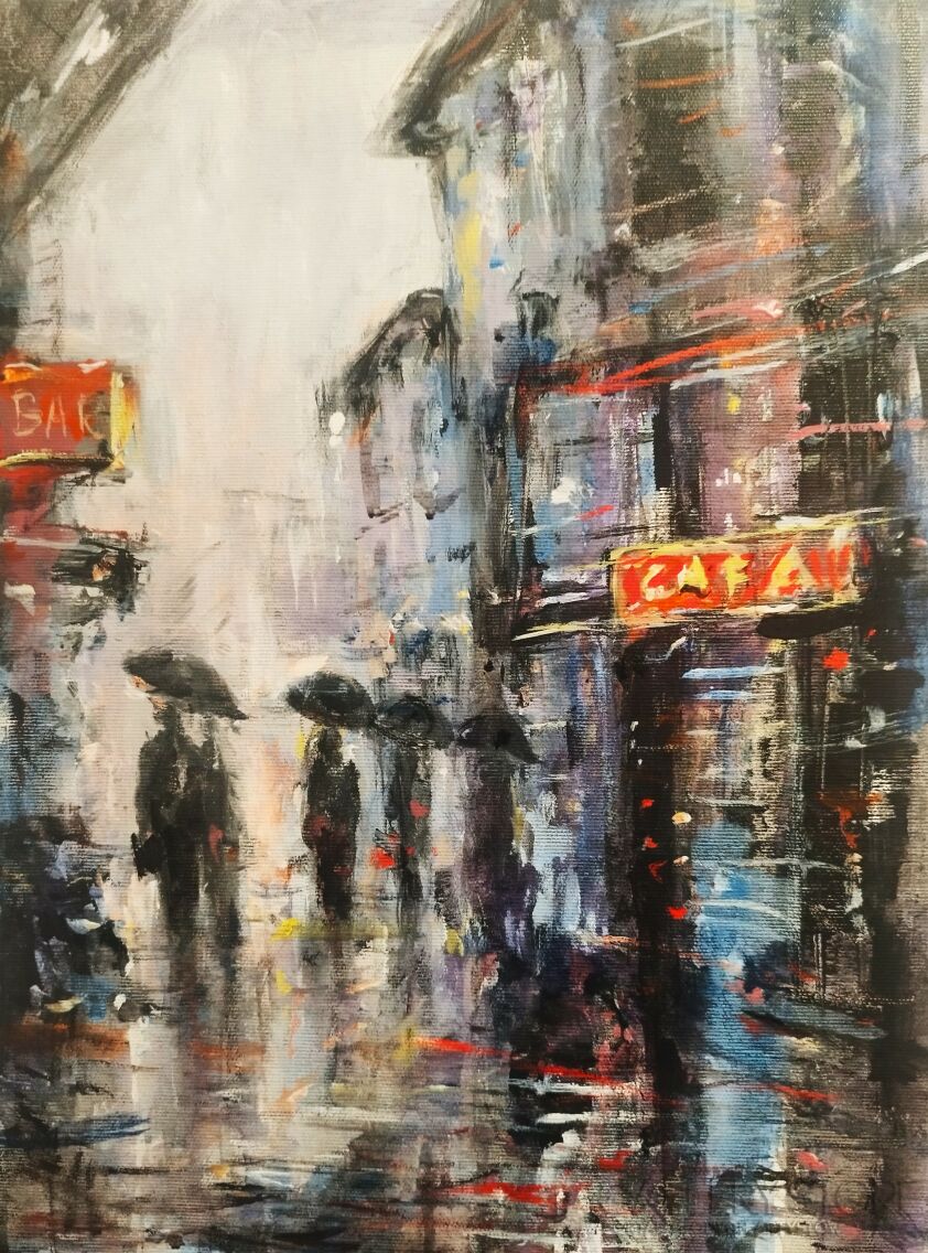 Dariusz Grajek-Parasole w deszczu...-Malarstwo