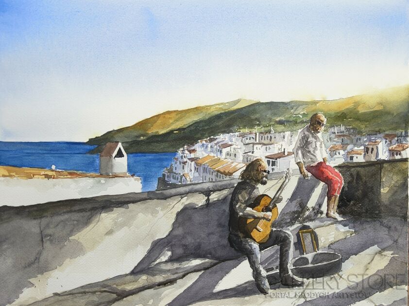 Tomasz Olszewski-Katalońskie klimaty I - Cadaques - grajek uliczny-Malarstwo