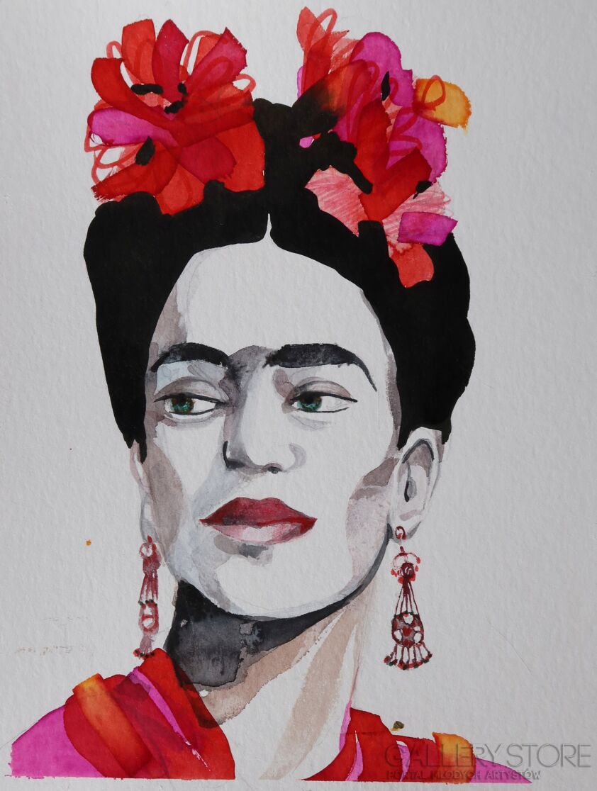 Paweł Dąbrowski-Frida w czerwonych kwiatach.-Akwarela