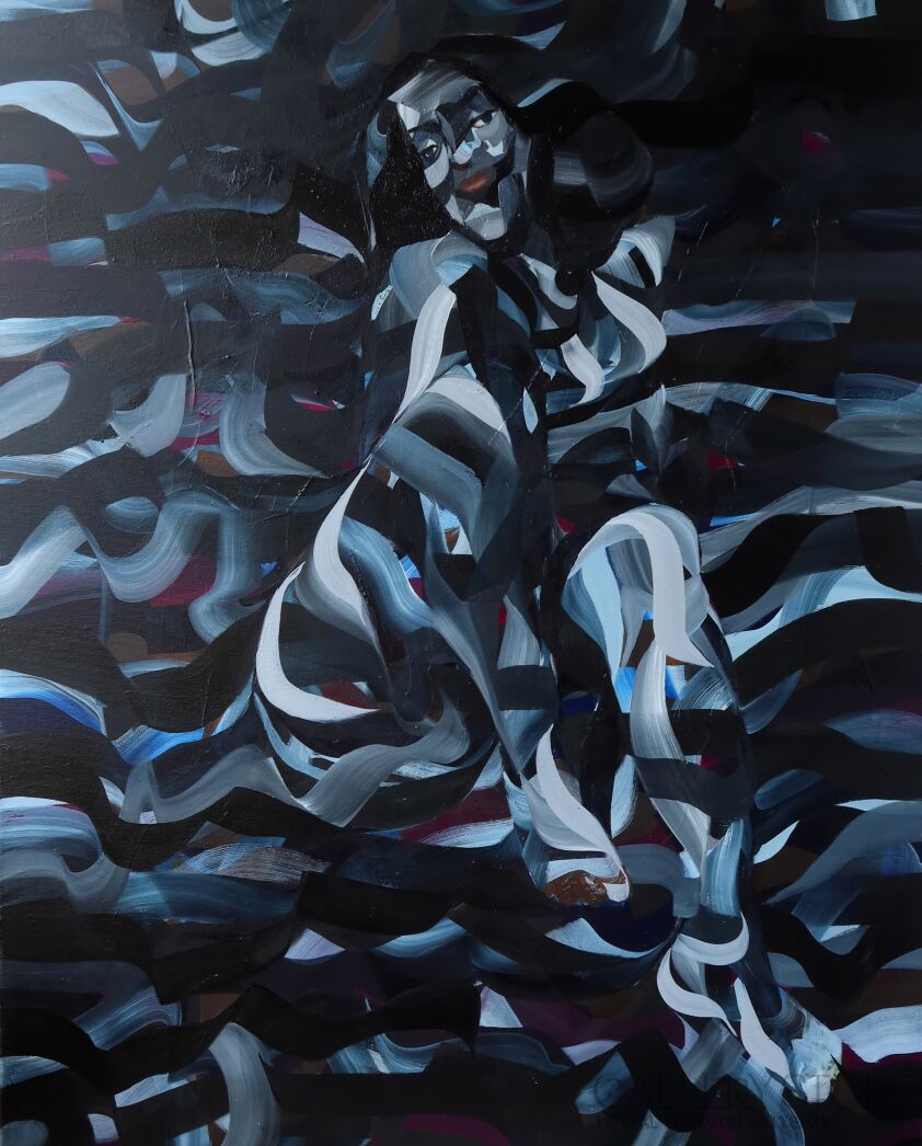 Paweł Dąbrowski-Seria "Czarne słońce" tytuł: Akt  siedzący na plaży.-Malarstwo