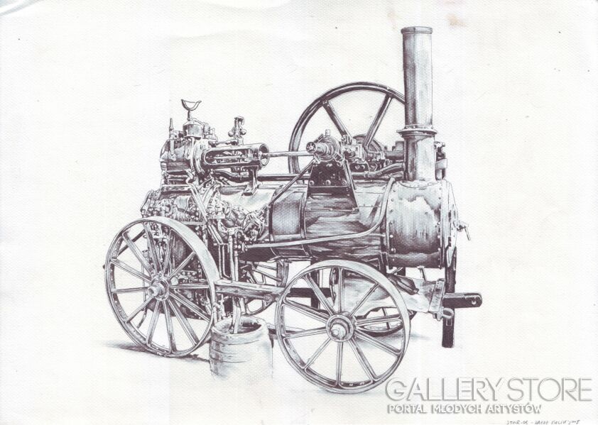 Rafał Kulik-Traktor parowy z XIX wieku, studium detalu (mały efekt)-Rysunek