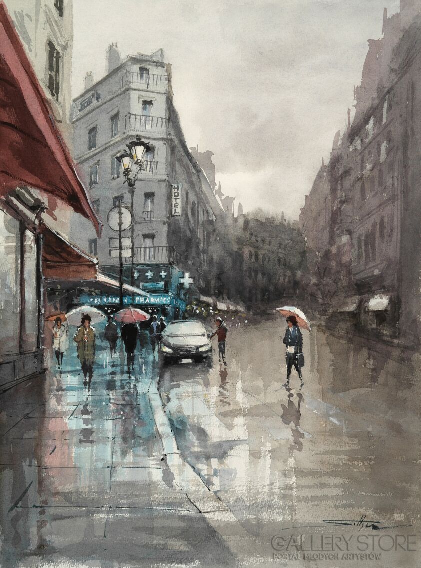 Mariusz Sołtysiak-Deszczowe Montmartre-Akwarela