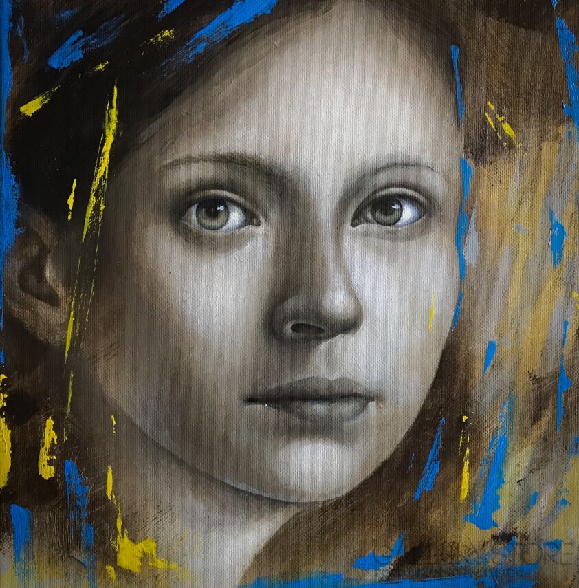 Olaf Czyż-Esej o harmonii barw , portret z błękitem cerulean i żółcienią chromową-Malarstwo