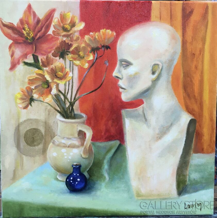 Anna Laurson-Still life with head and marigolds-Malarstwo