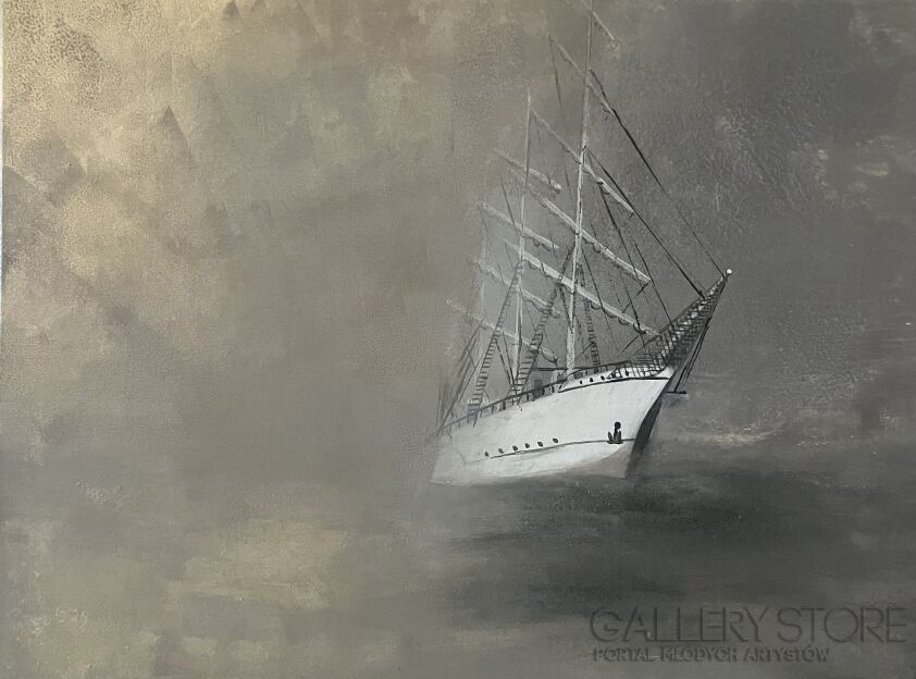 Jan Latocha-Żaglowiec w szarej mgle-Malarstwo