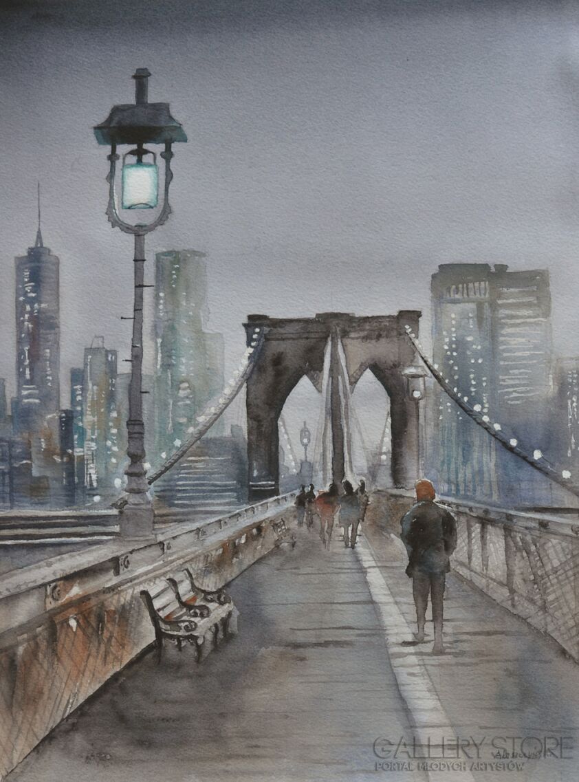 Agnieszka Leszczyńska-Brooklyn Bridge wieczorową porą-Akwarela