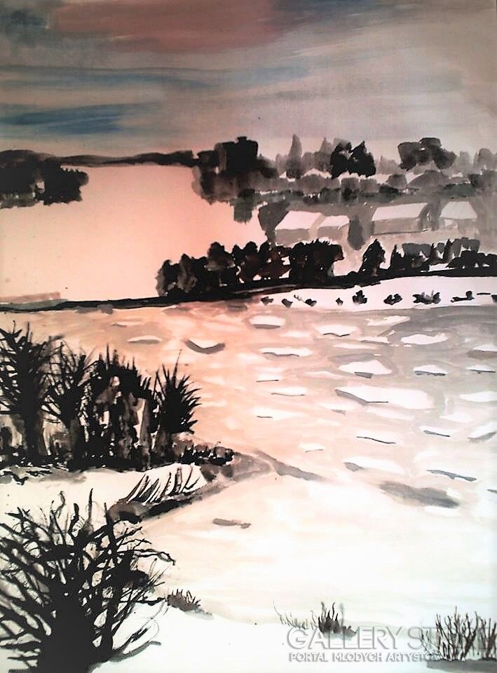 Alicja Wysocka-Zima nad rzeką-Akwarela