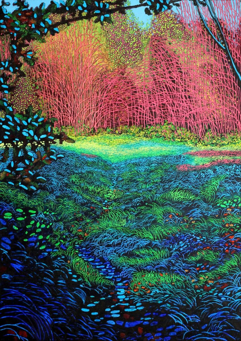Angelika Mus-Nowak-Błękitna trawa, różowe gałęzie-Rysunek