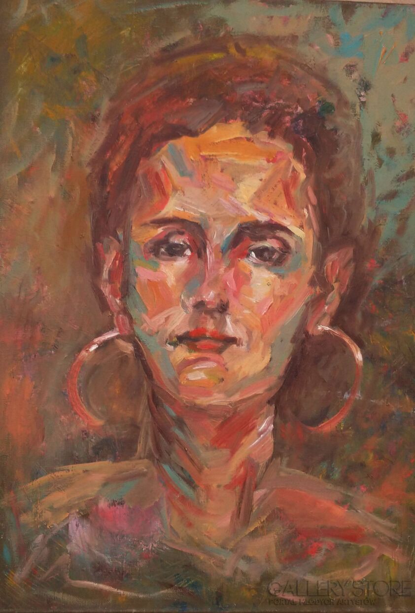 Anna  Wąsikiewicz- Portret kobiety z kolczykami -Olej