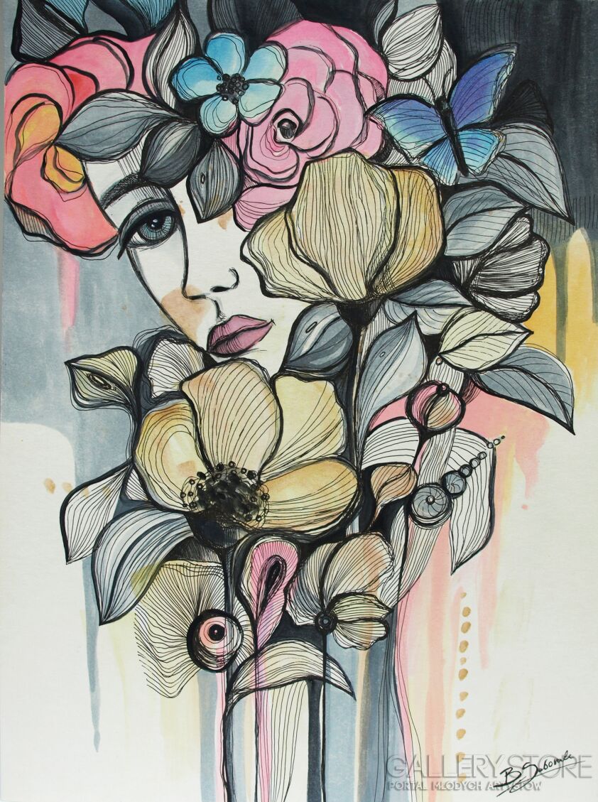 Barbara Soborak-Ukryta w kwiatach-Akwarela