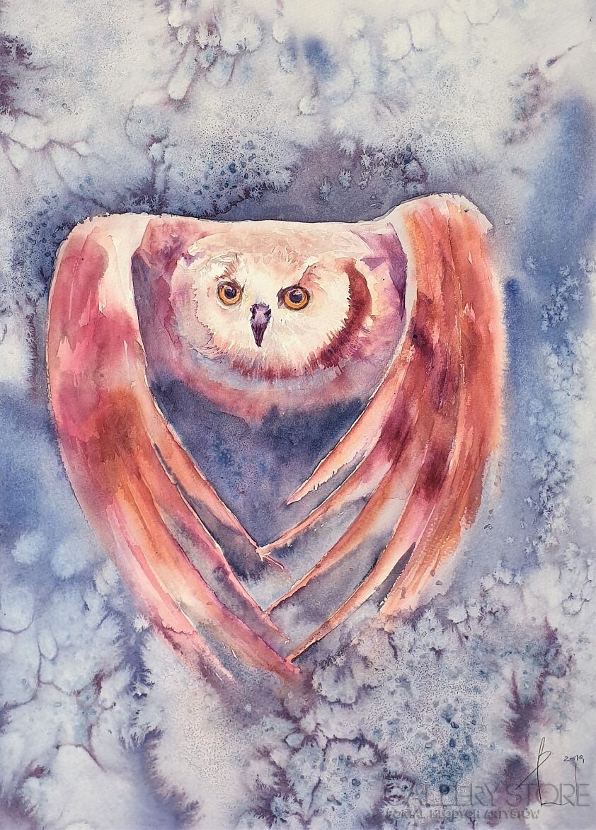 Beata van Wijngaarden-OWL IN SNOW 2019.008-Akwarela