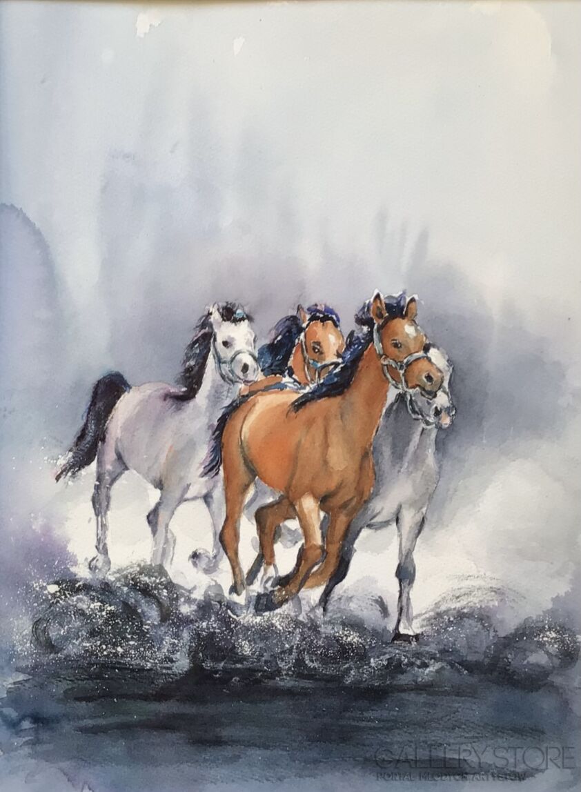 Boźenna Niewinowska-Cztery konie-Akwarela