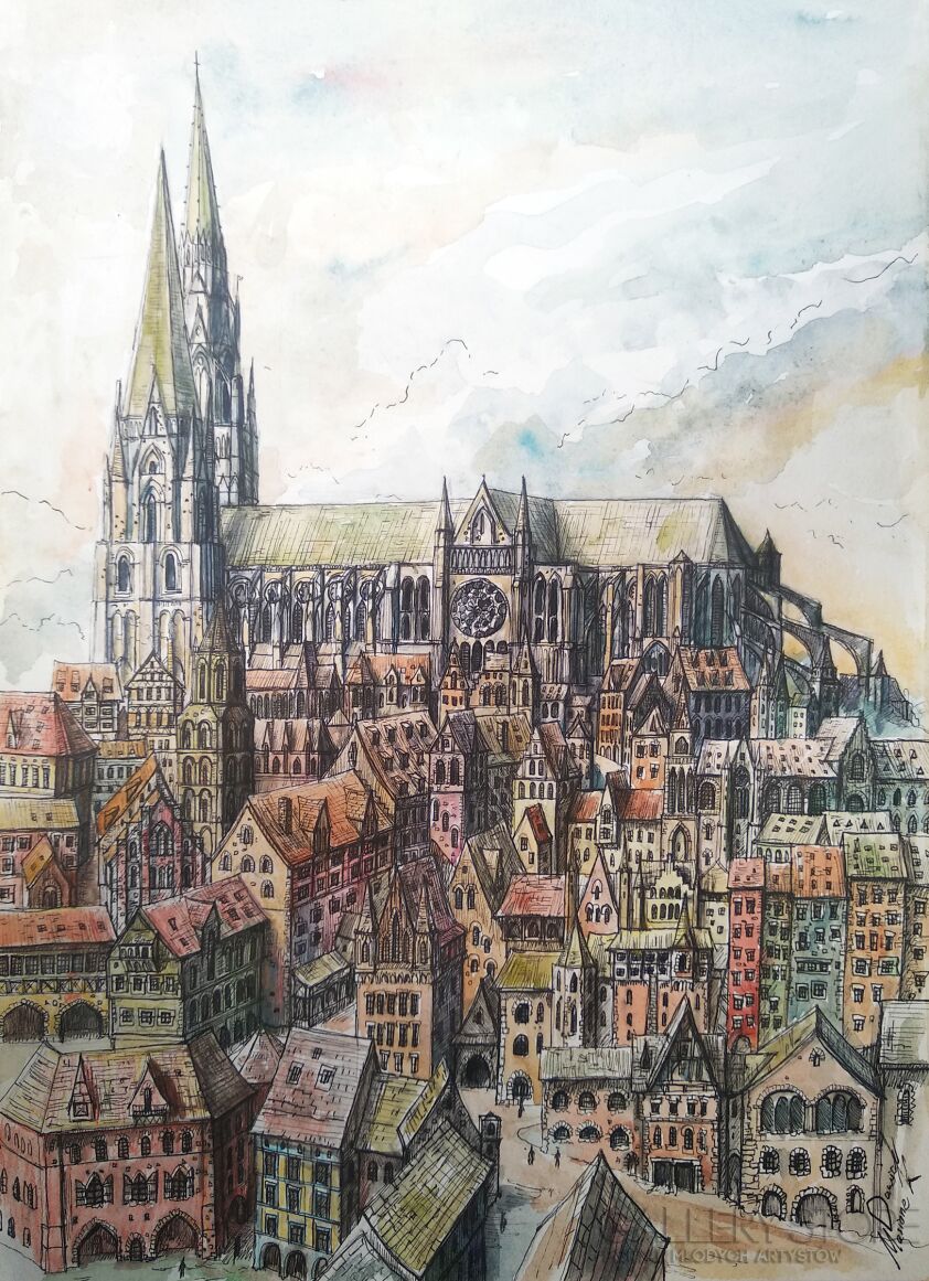 Dawid Masionek-Pejzaż miejski z katedrą w Chartres II(w oprawie)-Rysunek