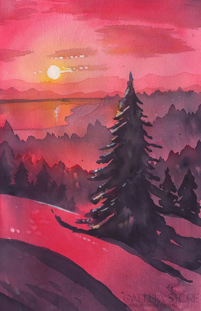 Dominika Darowna-Czerwony zachód słońca-Akwarela