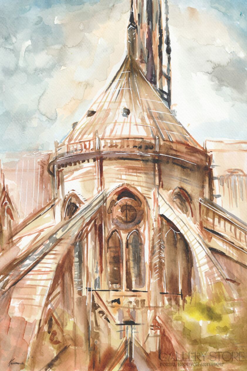 Edward Karczmarski-Katedra Notre Dame w Paryżu - widok od strony Sekwany-Akwarela