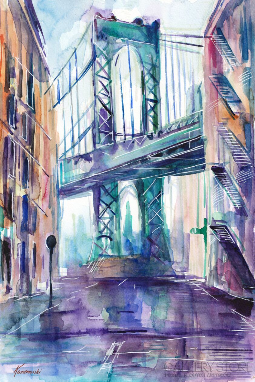 Edward Karczmarski-Nowy Jork Widok na most brookliński-Akwarela