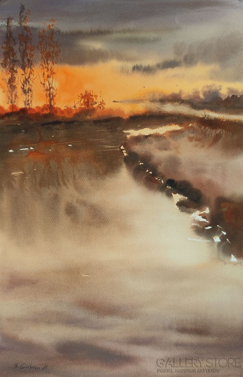 Elžbieta Gribova-Zachód słońca nad rzeką /261-Akwarela
