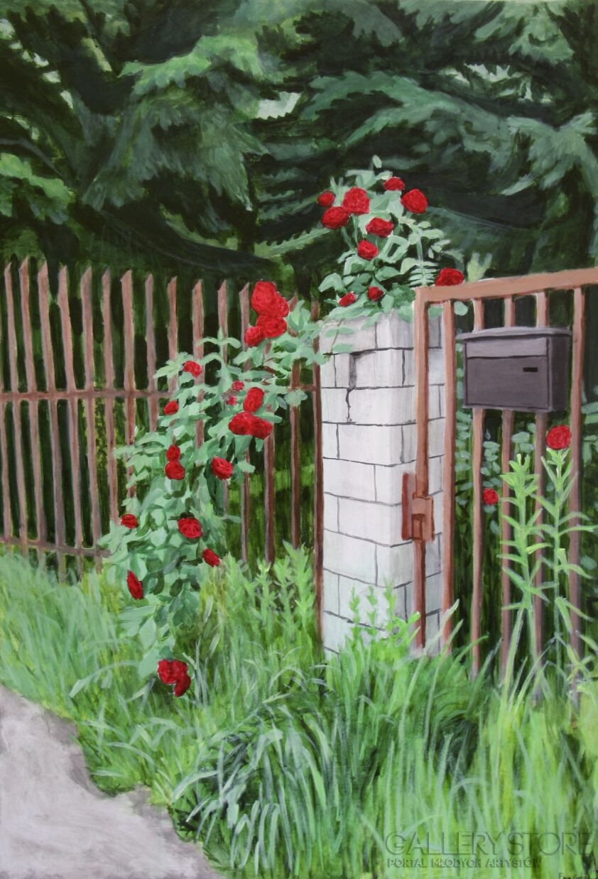 Ewa Gozdecka-Róże przed opuszczonym domem-Akryl