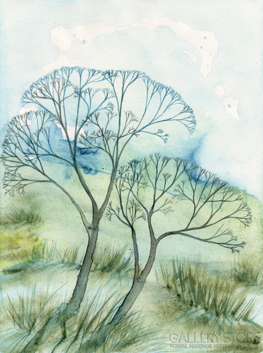 Joanna Rzeźnik-Niebieskie drzewa-Akwarela
