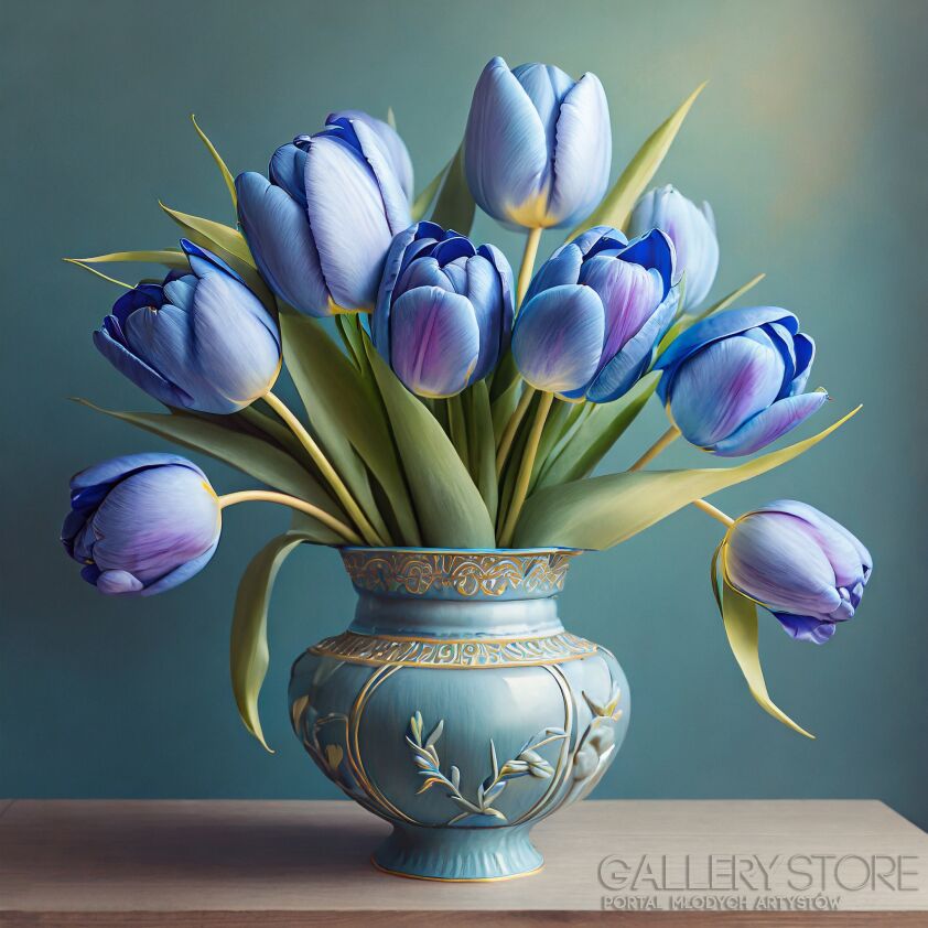 Katarzyna Dziemidowicz-Bukiet niebieskich tulipanów w wazonie / płótno-Grafika