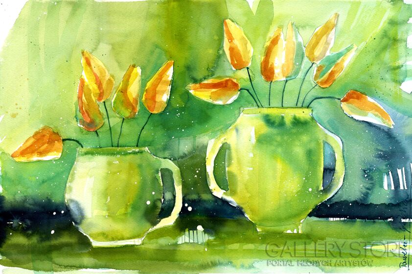 Klaudia Pawelec-Gliklich-Zielona z tulipanami -Akwarela